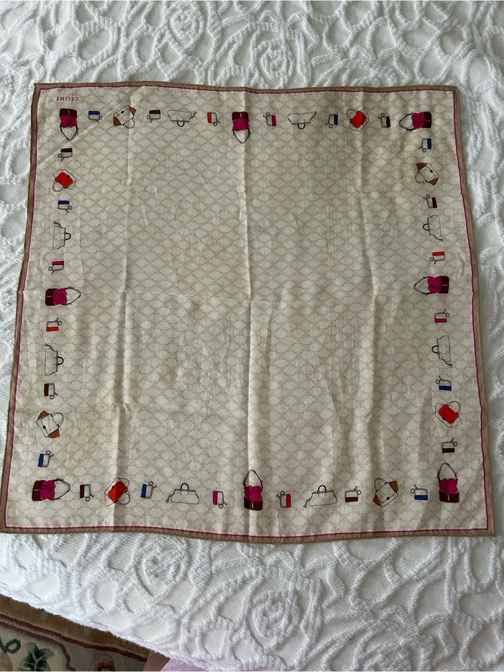 Celine Beige Silk Scarf with Pink accent and Multicolor Bag Motif - Picture 1 of 3